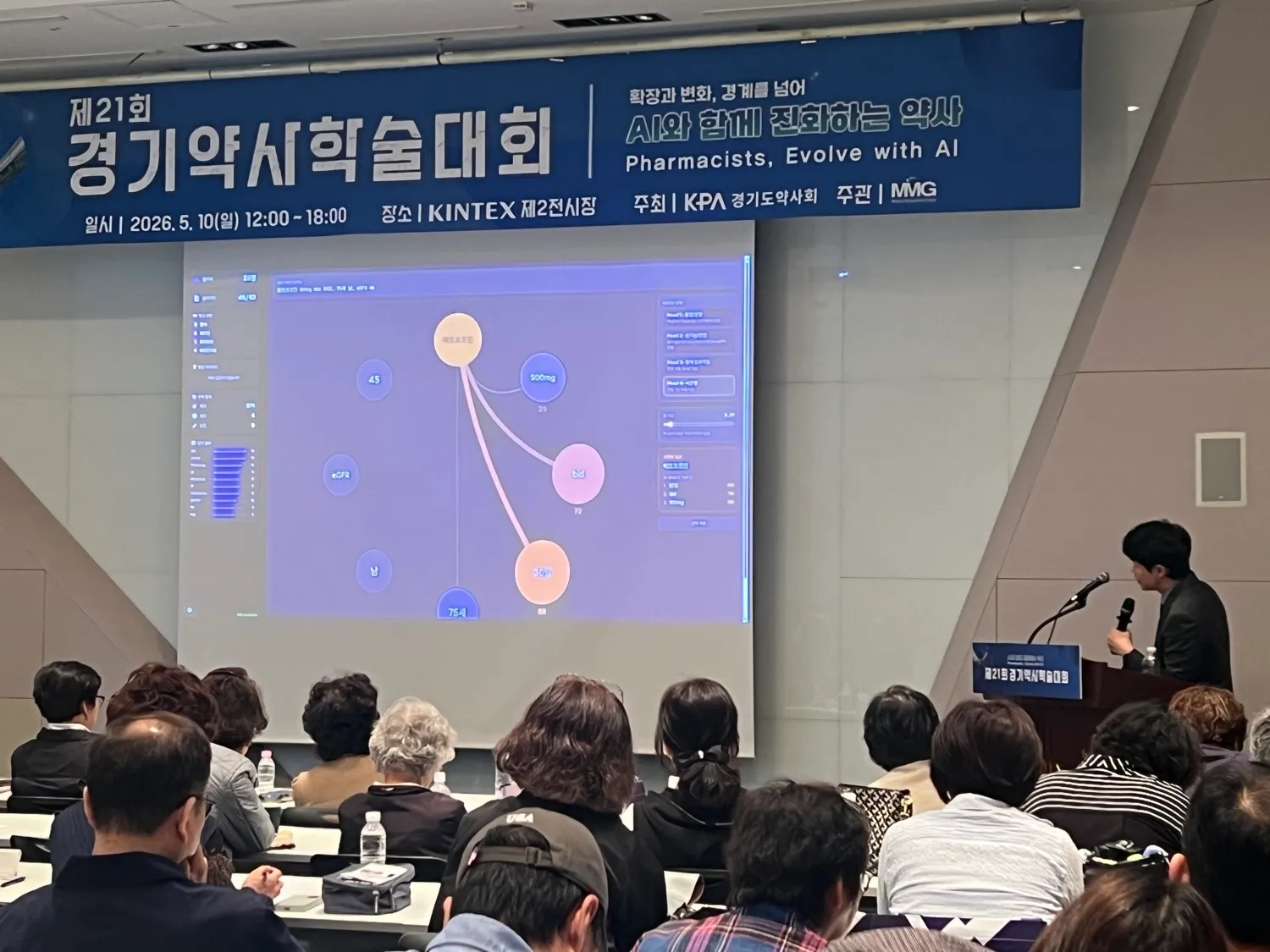 '제21회 경기약사학술대회, AI와 함께 진화하는 약사'라고 적힌 현수막 아래 연단에서 마이크를 들고 강연하는 강재현 약사와 객석의 참석자들.